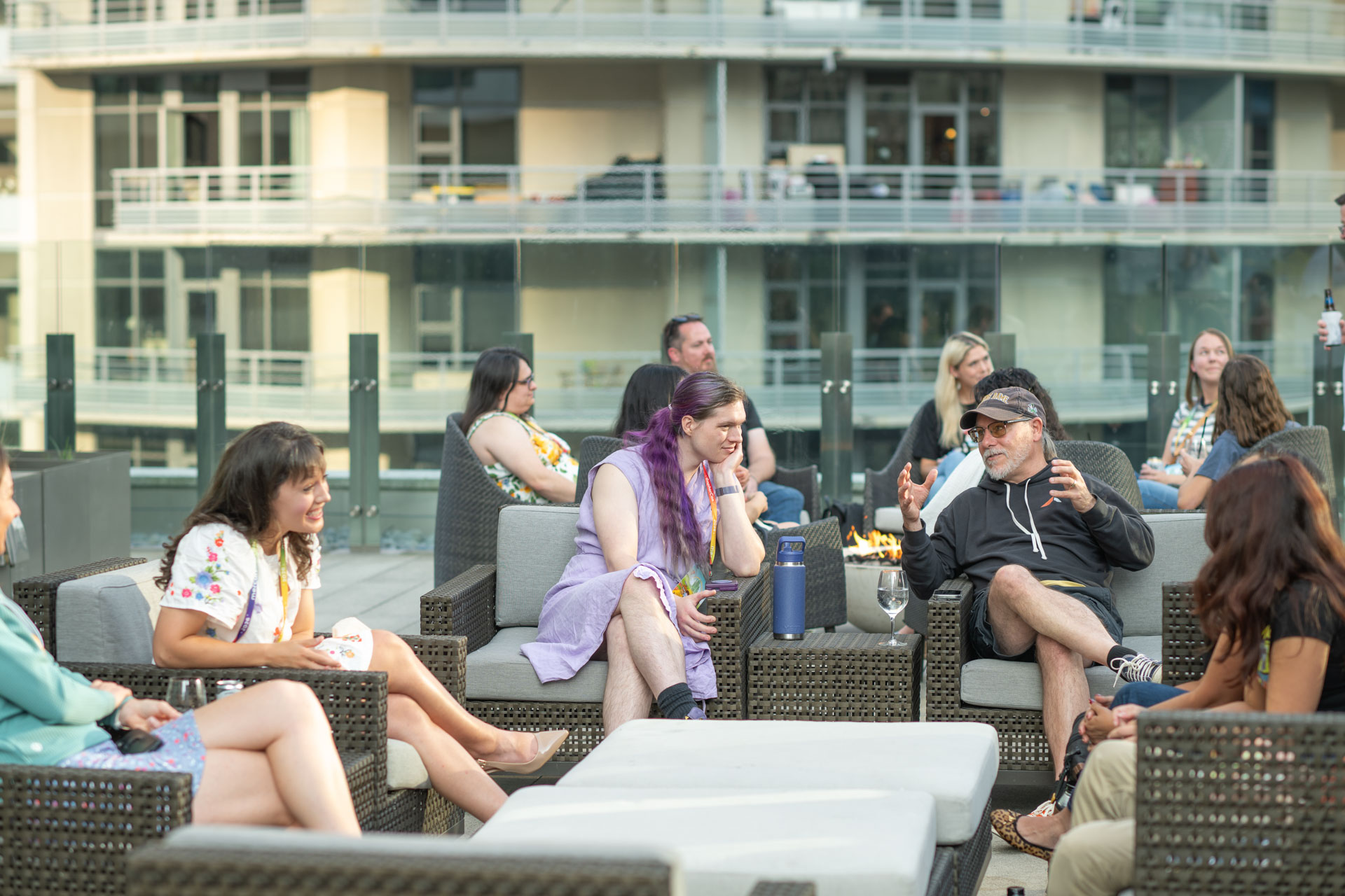 GopherCon US 2026 — the Gopher community mingling across the rooftop patio.