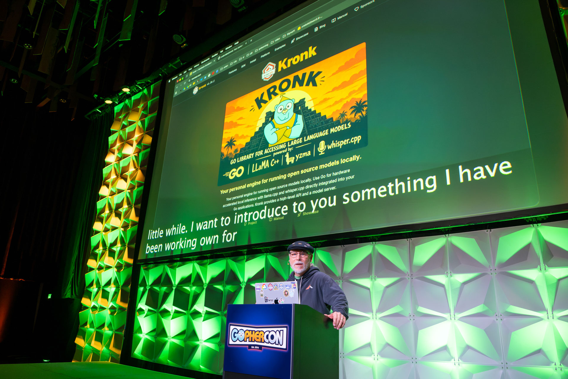 GopherCon US 2026 — Bill Kennedy introducing Kronk on the GopherCon main stage.