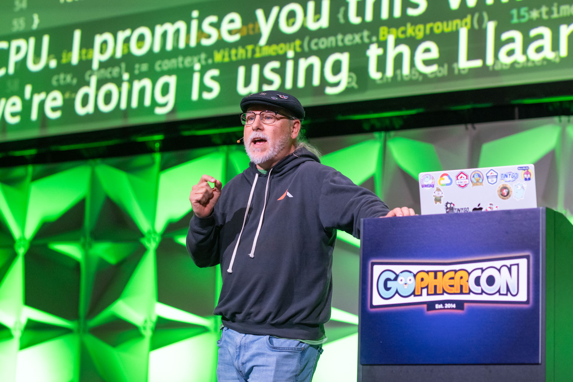 GopherCon US 2026 — Bill Kennedy on the keynote stage talking about running LLMs on CPU.