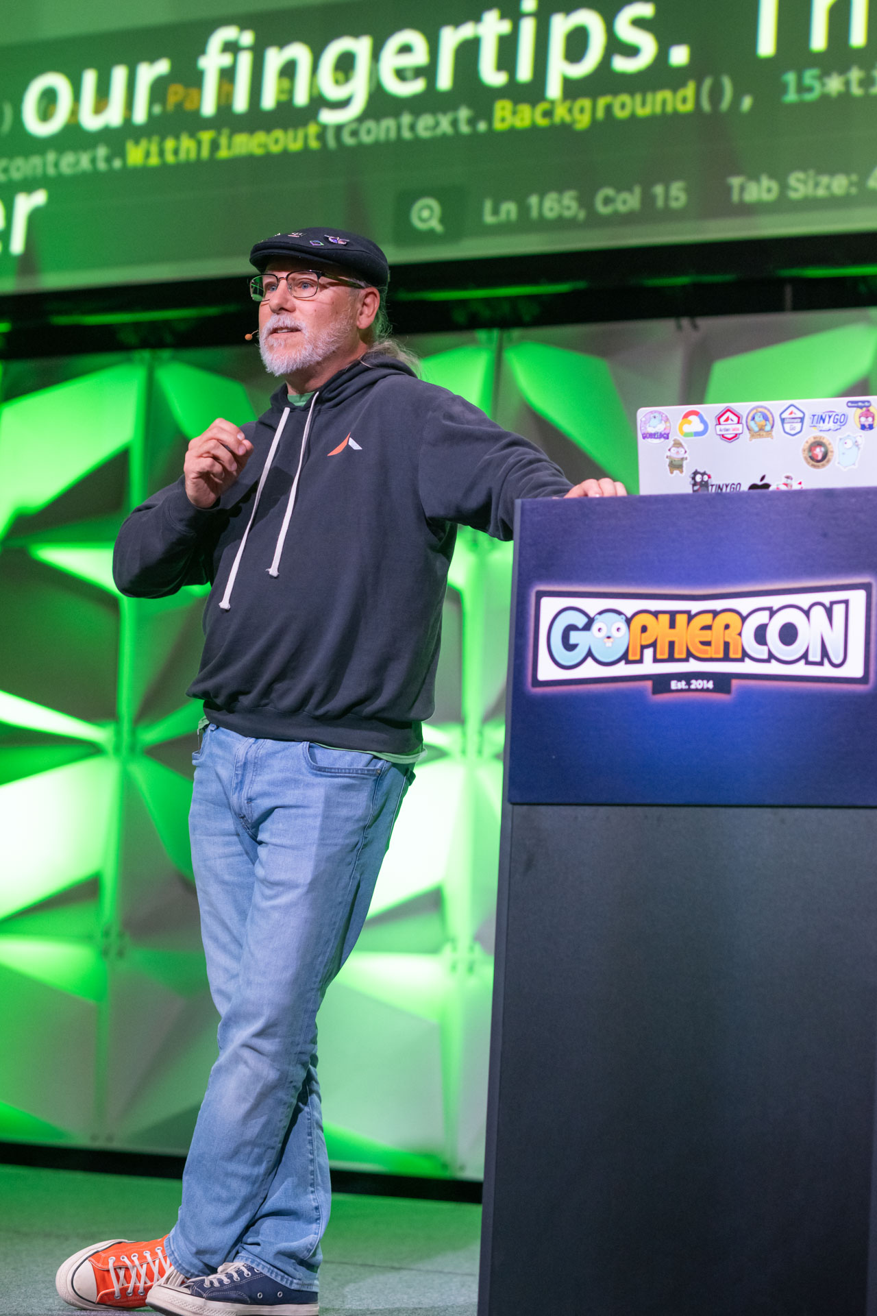 GopherCon US 2026 — Bill Kennedy presenting live Go code on the main stage.