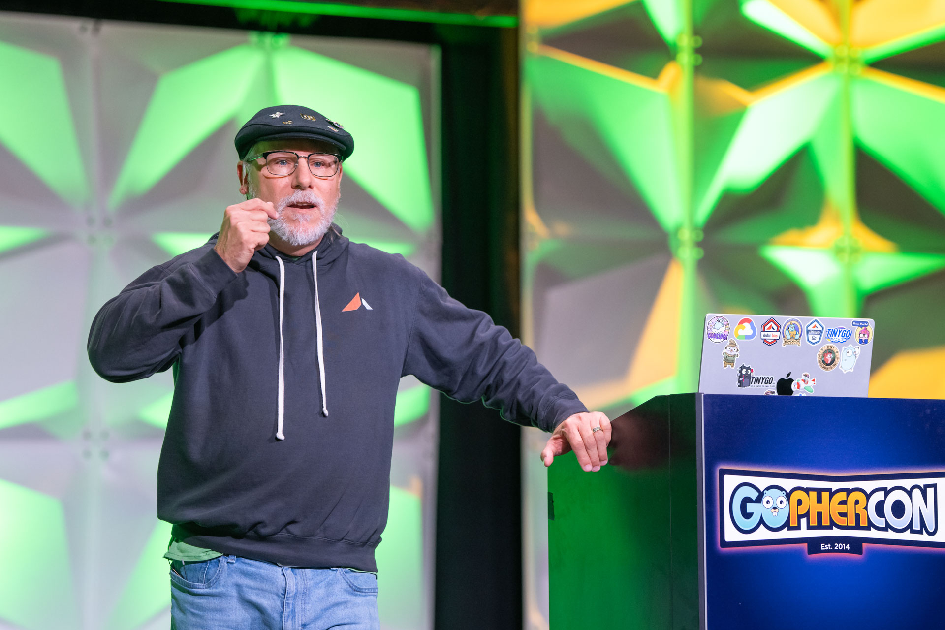 GopherCon US 2026 — Bill Kennedy making a point during his main stage talk.