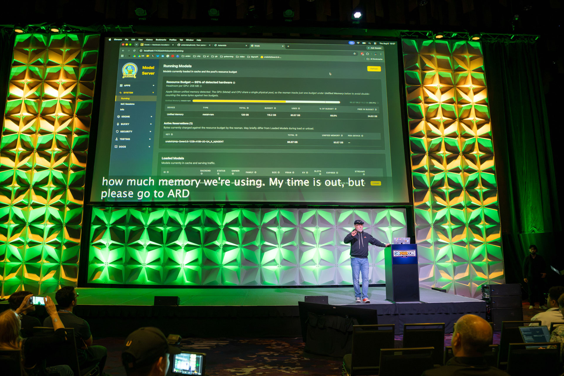GopherCon US 2026 — the Kronk model server demo on the GopherCon main stage screen.