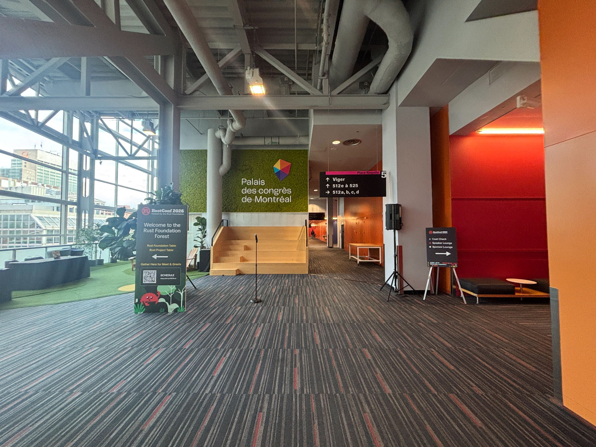 RustConf 2026 — the Palais des congrès de Montréal concourse on workshop morning.