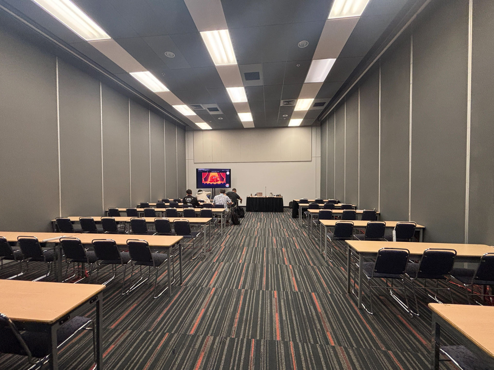 RustConf 2026 — an empty classroom before the async Rust concurrency workshop begins.