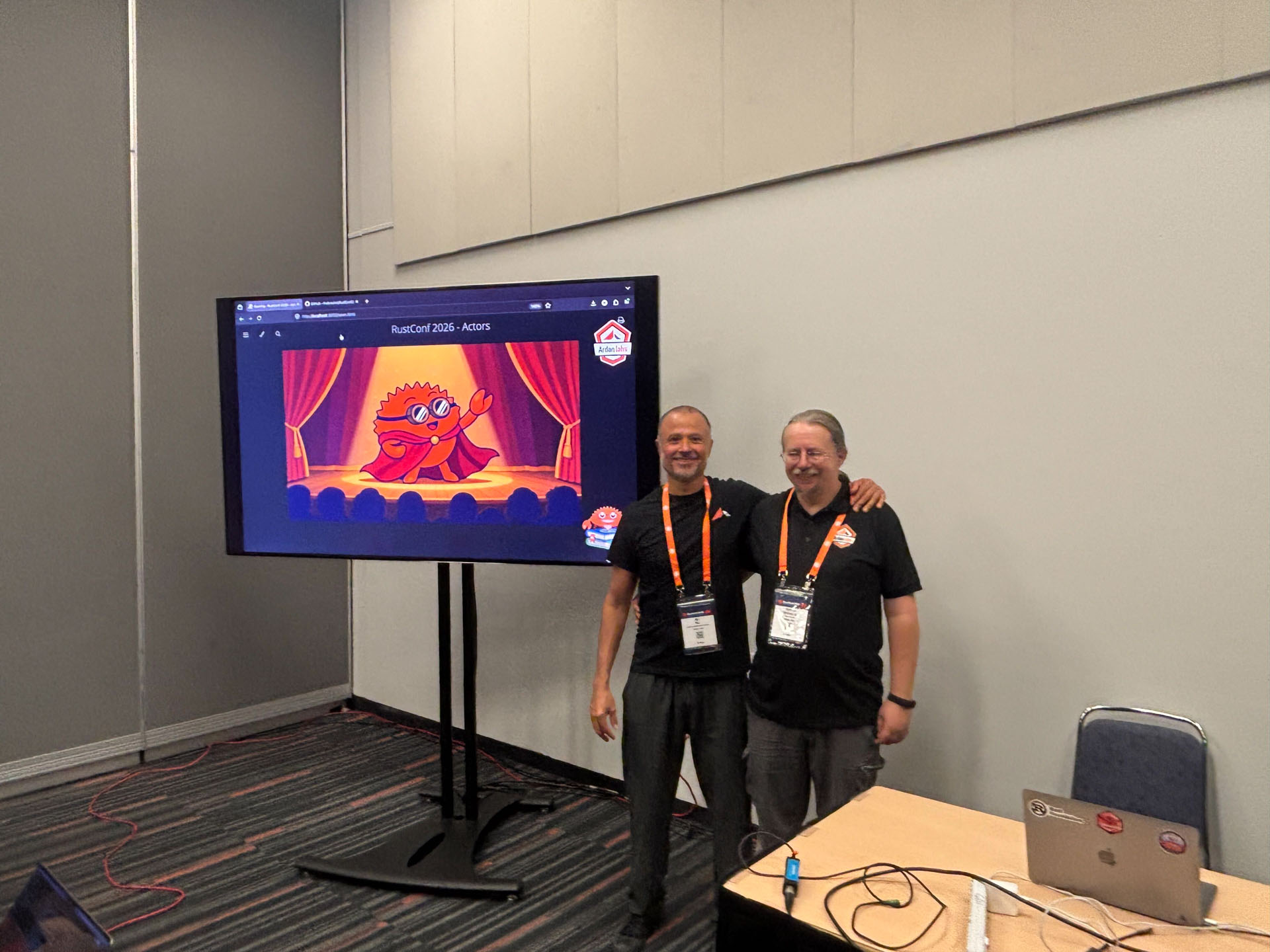 RustConf 2026 — MJ and Herbert Wolverson before teaching their async Rust workshop.