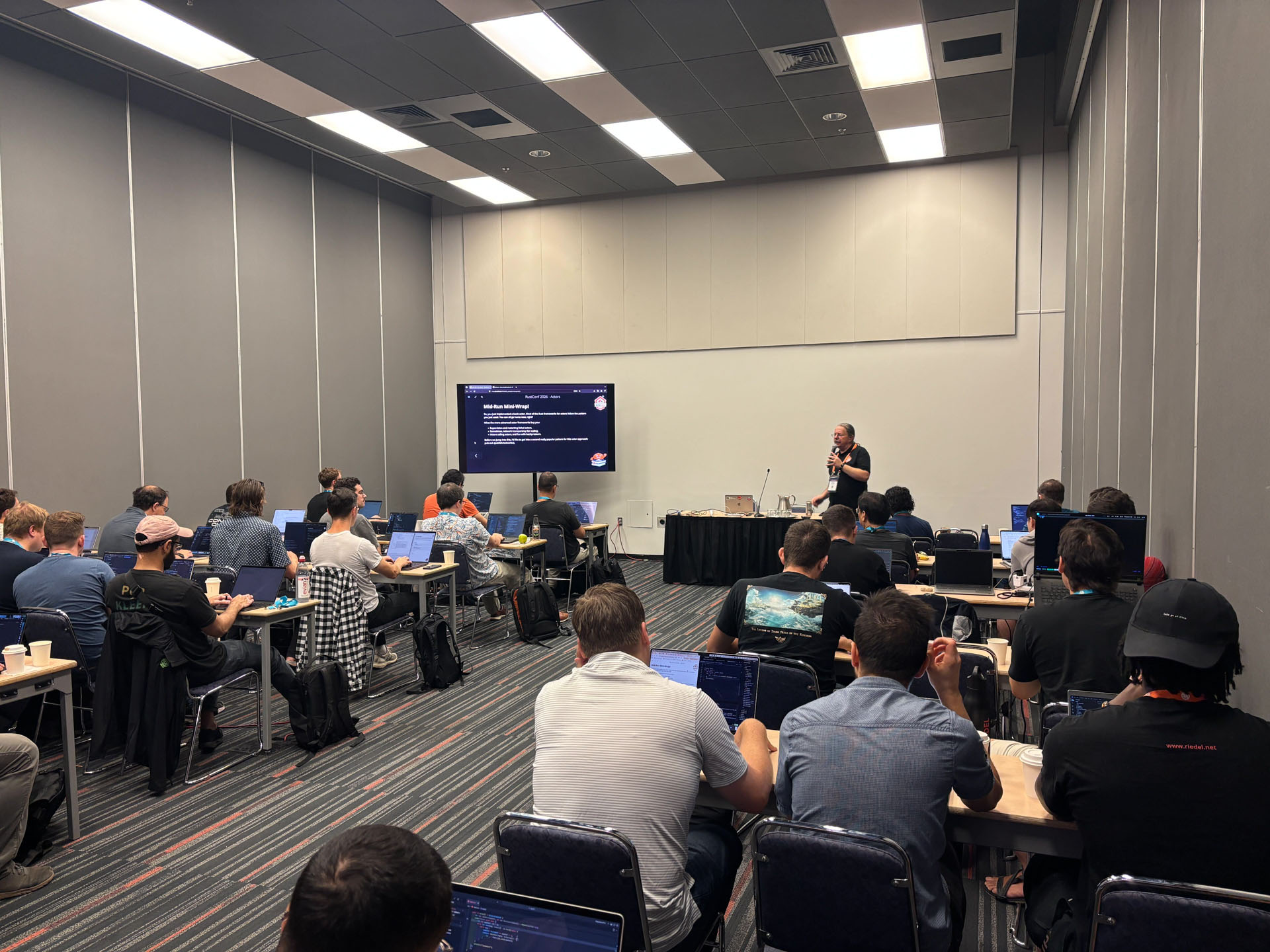 RustConf 2026 — Herbert Wolverson leading a live coding segment for workshop attendees.