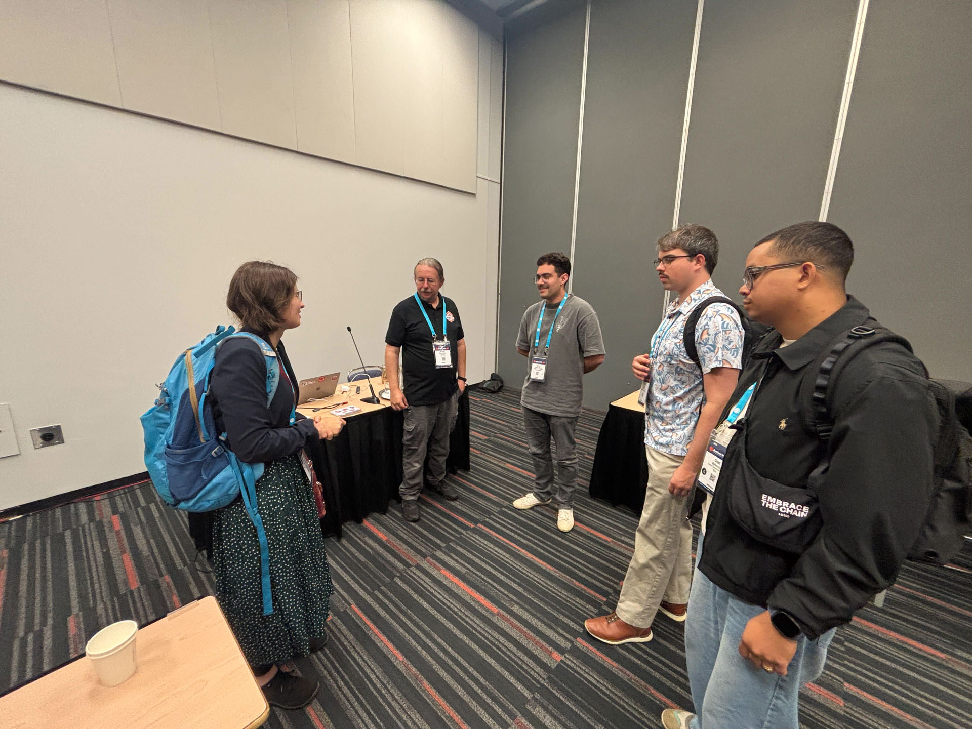 RustConf 2026 — Herbert Wolverson talking with attendees after the workshop wrapped up.