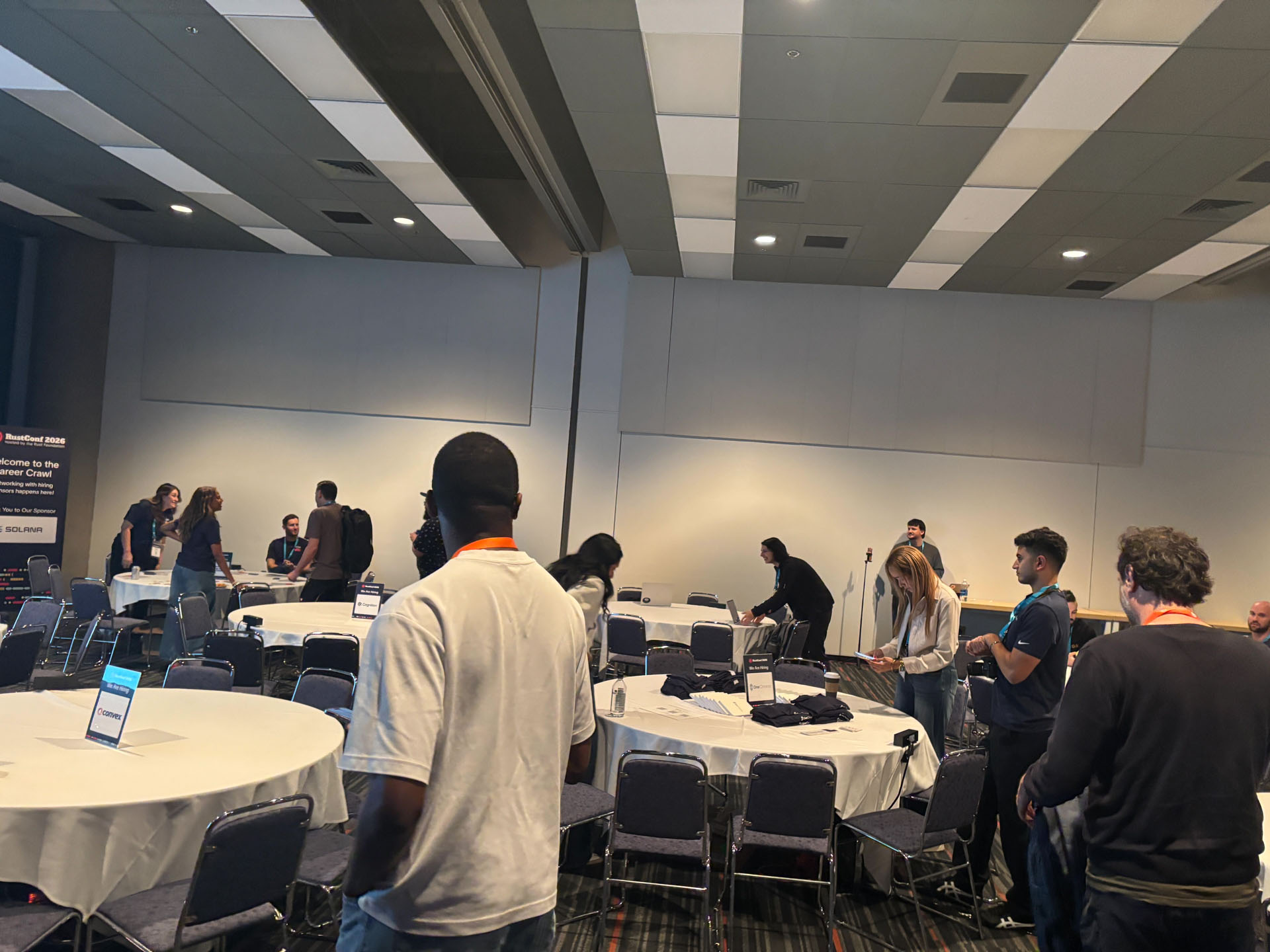 RustConf 2026 — companies setting up their tables for the RustConf Career Crawl.