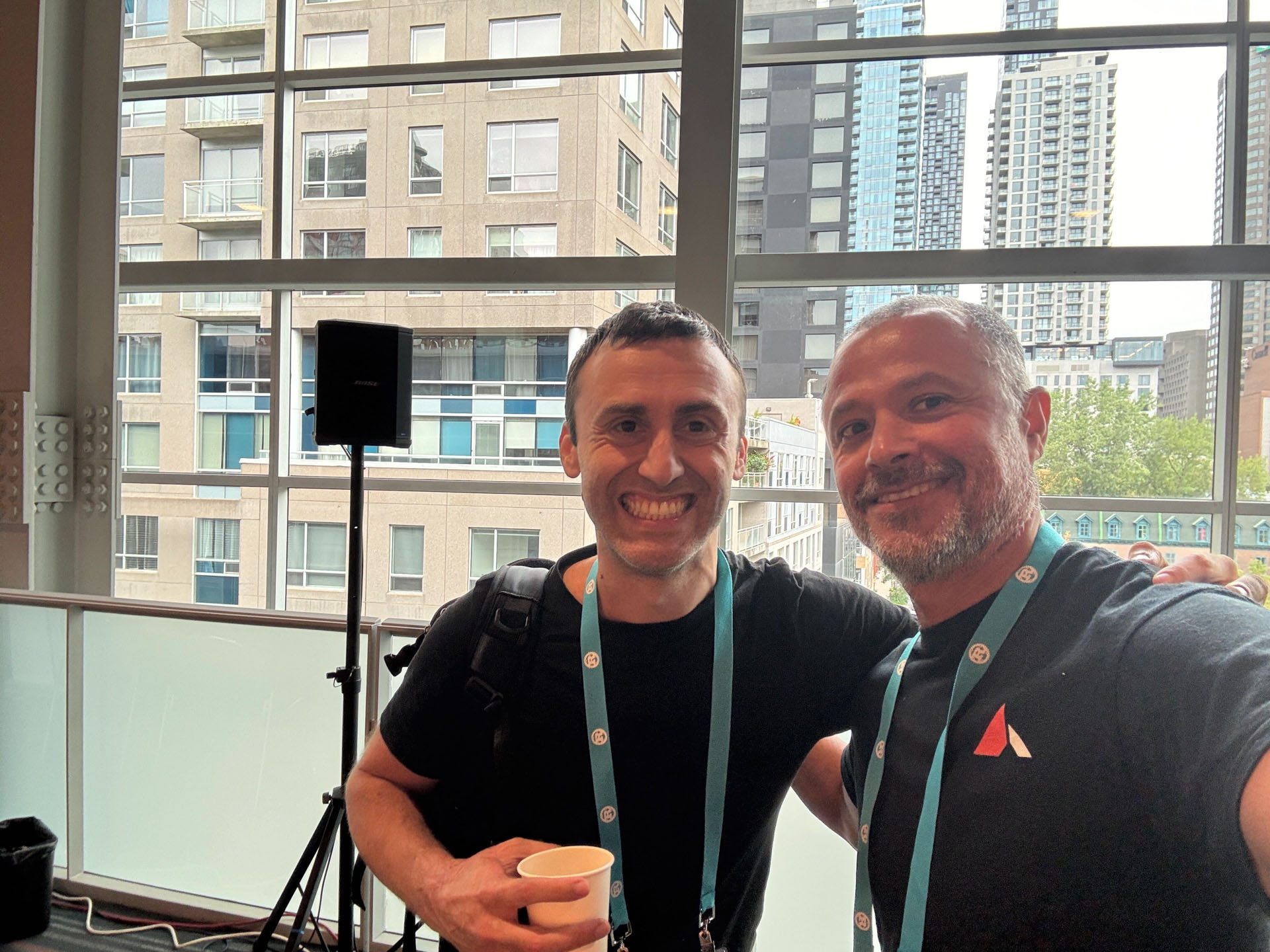 RustConf 2026 — MJ catching up with an attendee during a coffee break.
