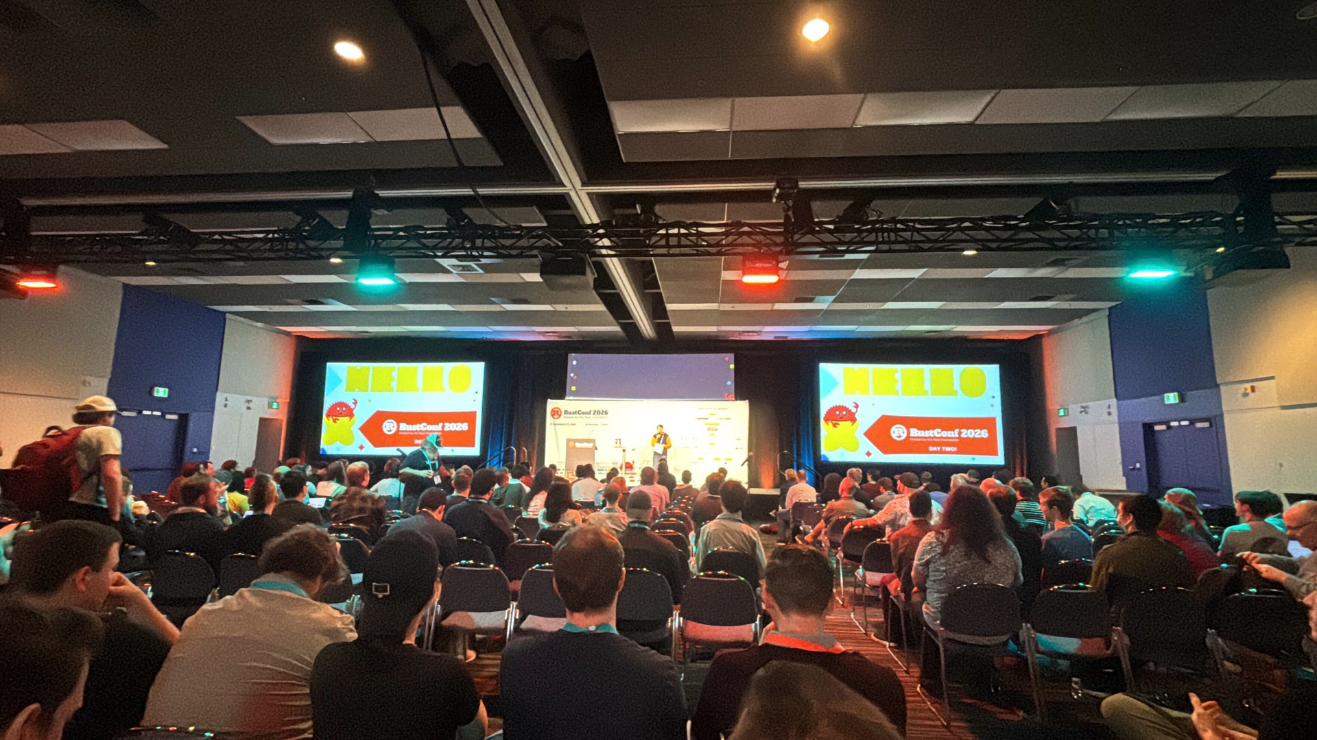 RustConf 2026 — the main hall audience watching a morning keynote.