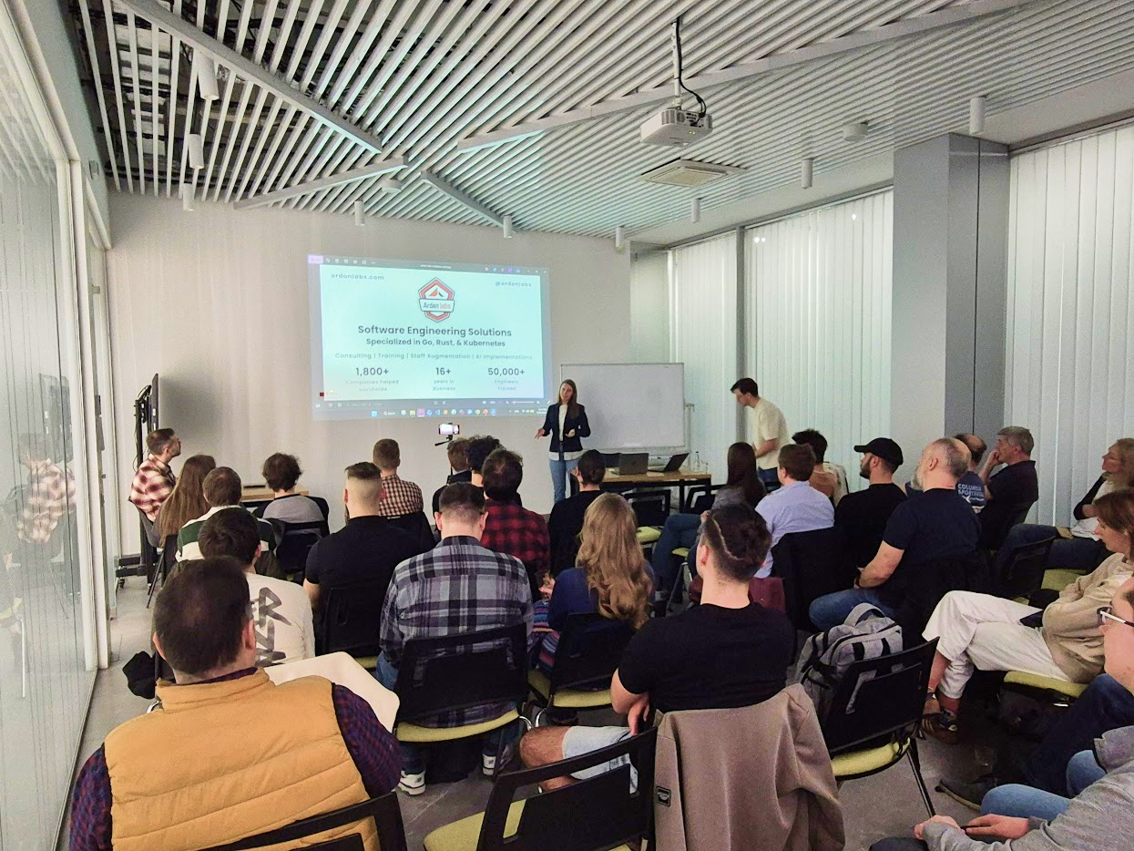 Developers gathered at a regional Go community conference between sessions